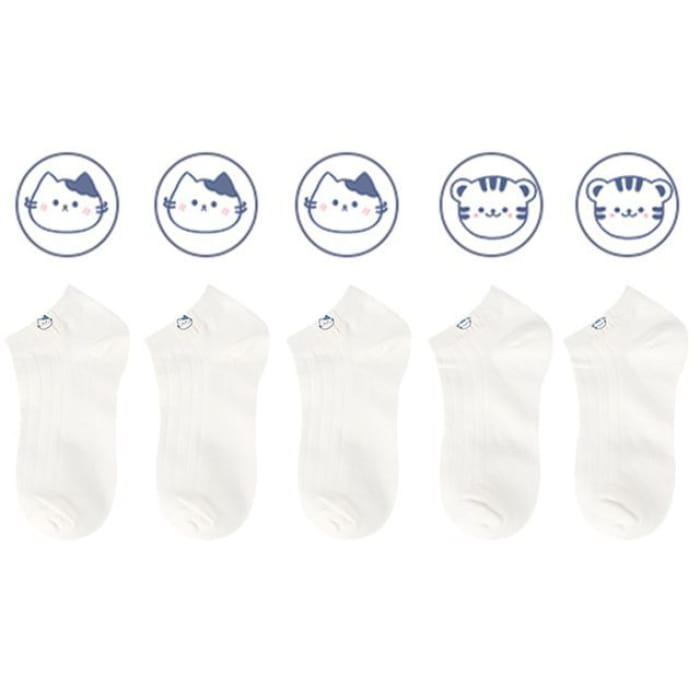Animal Tag Low Cut Socks Set - Of 5 Pairs - Type D - Almond