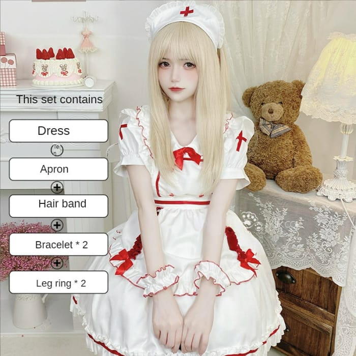 Anna White Red Nurse Maid Dress ON651 - M / Set (no stock) -
