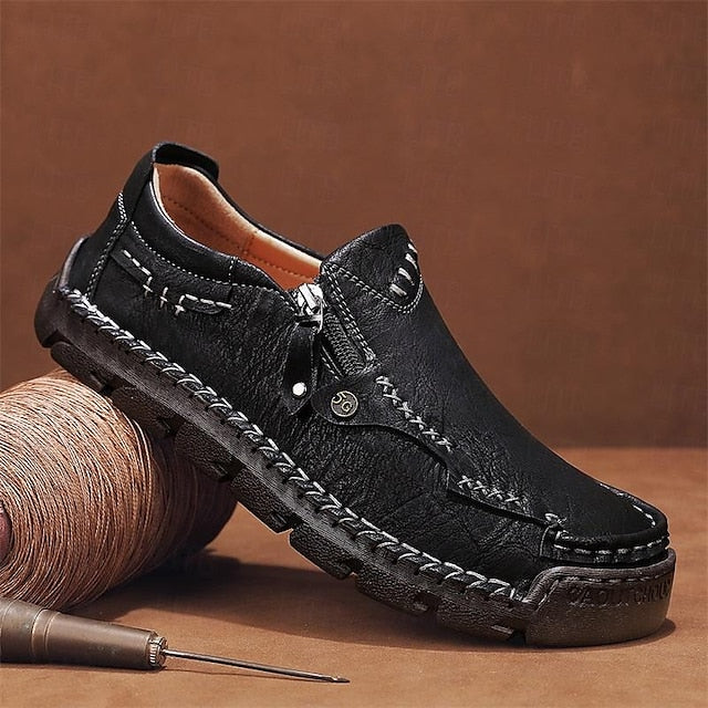 with Leather Brown Men's Side Faux Slip-On Zipper Loafers