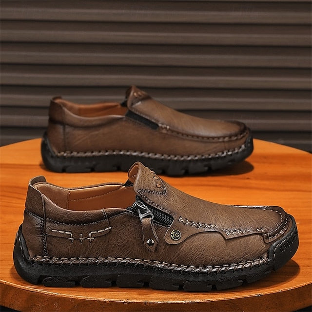 with Leather Brown Men's Side Faux Slip-On Zipper Loafers