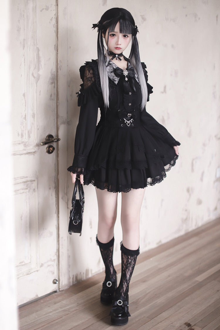 Midnight Lapel Long-Sleeve Layered Ruffled Skirt Set - Dreamy Love Ballad