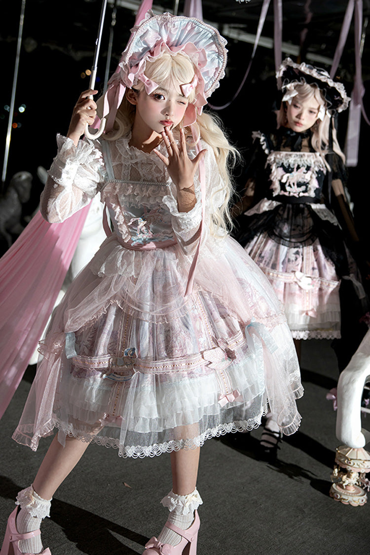 Black Pink Multi Print Ruffle Bow Lace Sweet Gorgeous Lolita Jsk Dress
