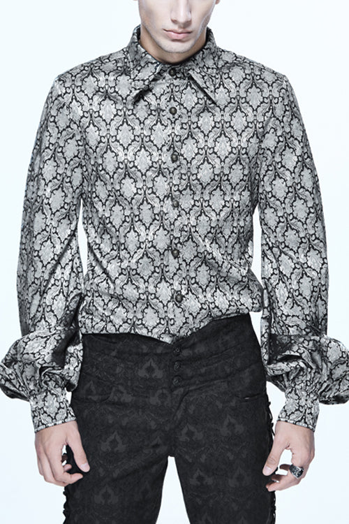 Gothic Mens Blouse with Lantern Sleeves and Jacquard Print