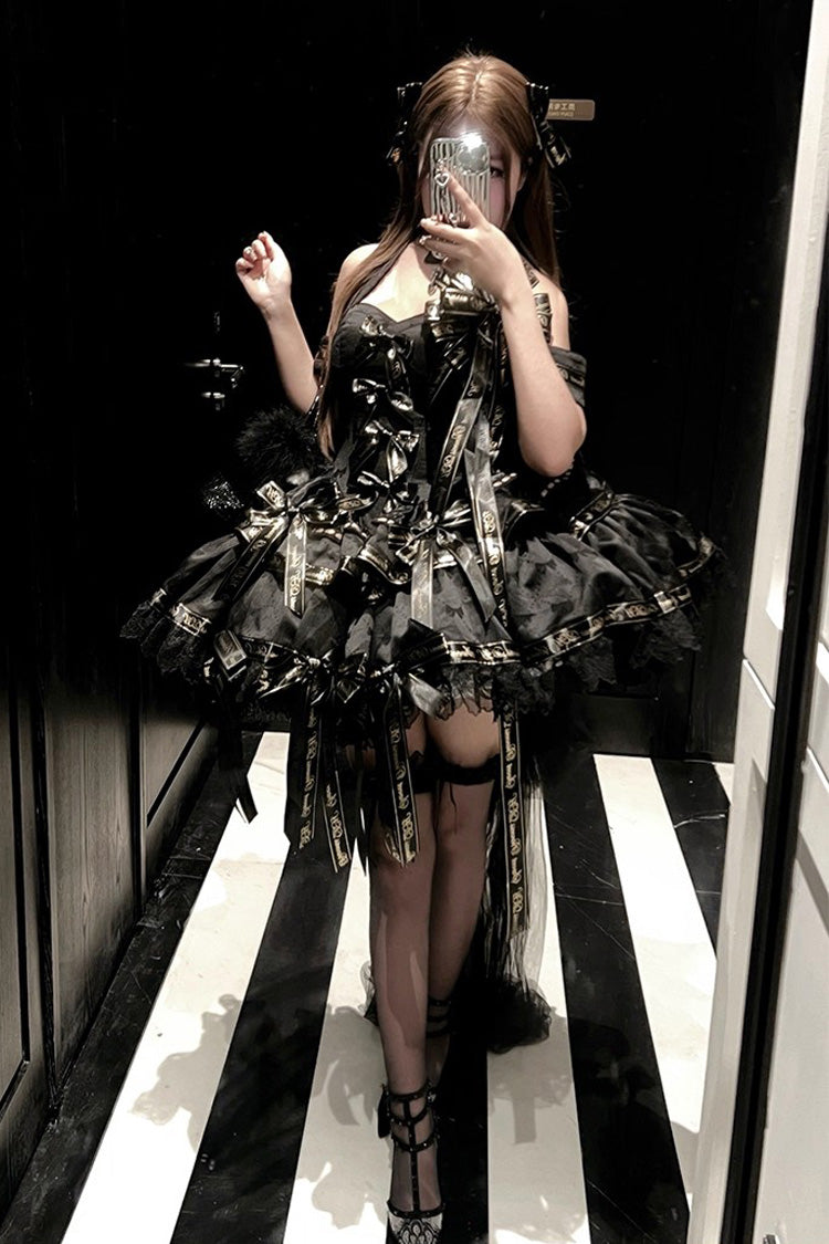Black Halterneck Sleeveless Multi-Layered Ruffle Bow Elegant Gothic Dress