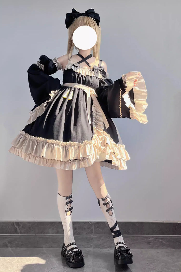 Black High-Waisted Asymmetric JSK Dress with Bowknot