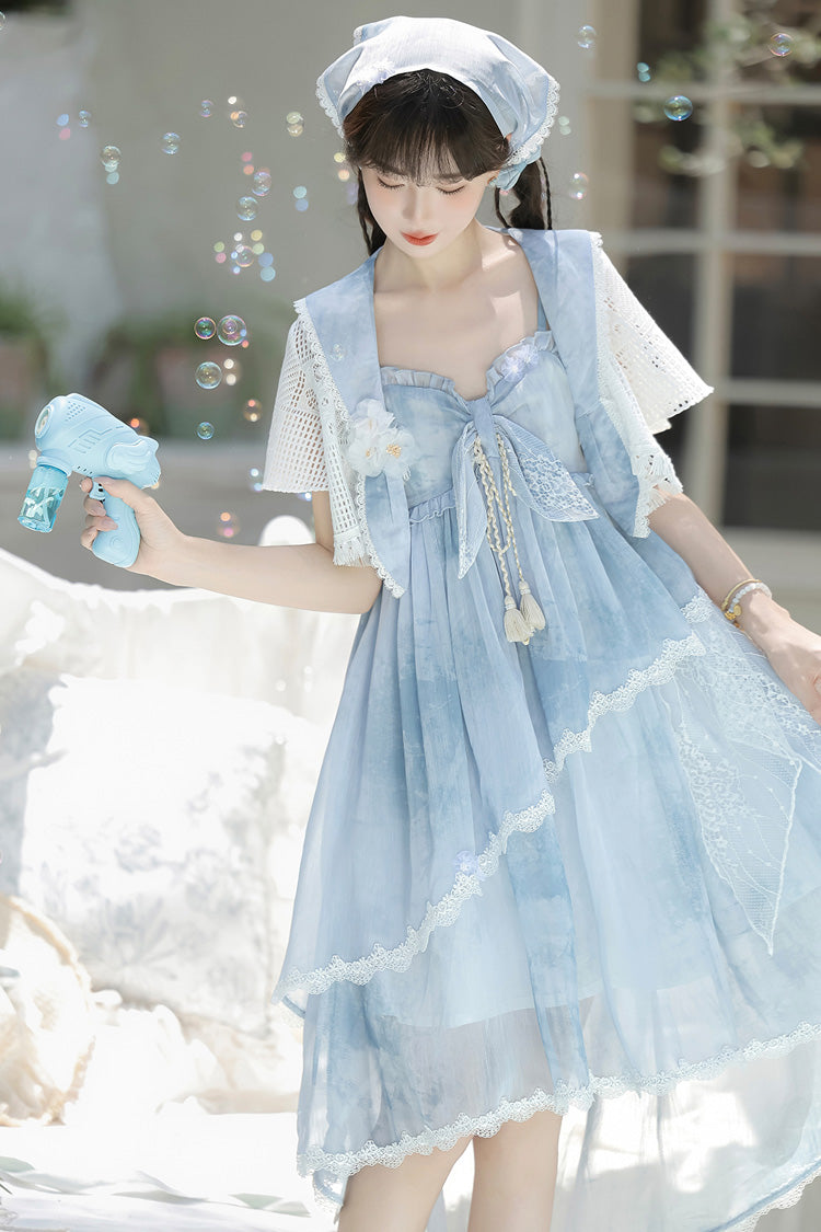 Print Ruffle Embroidery Bow Lace Irregular Lolita Jumper Dress - Blue