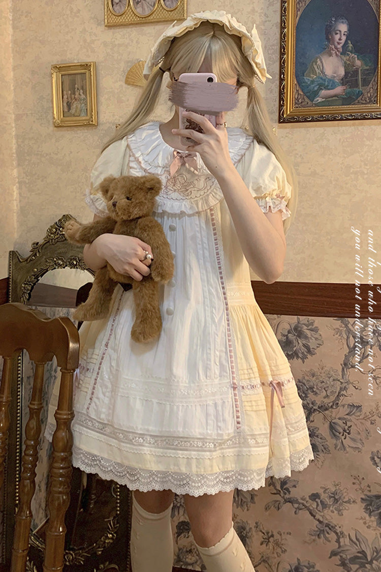 Angel Print Lace Dress with Doll Collar and Bowknot