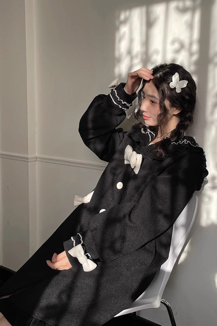 Doll-Collar Long-Sleeve Bow Princess Coat in Black
