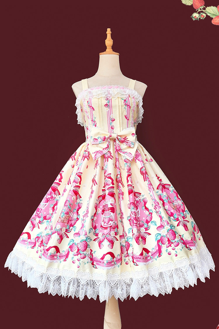 Sleeveless Bowknot Lace Sweet JSK with Print - Strawberry Chef