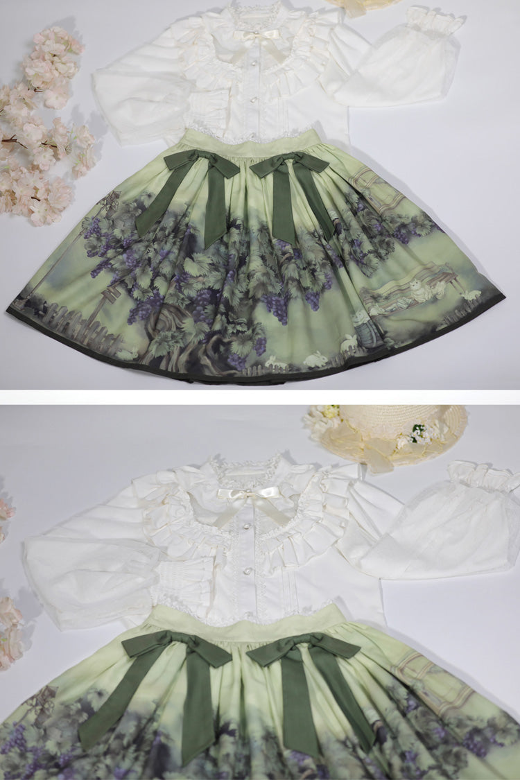 Emerald Vine & Grape Print Bow-Trimmed Skirt