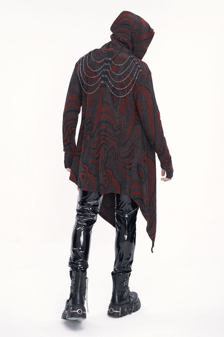 Scarlet Hooded Gothic Coat with Irregular Chains for Men