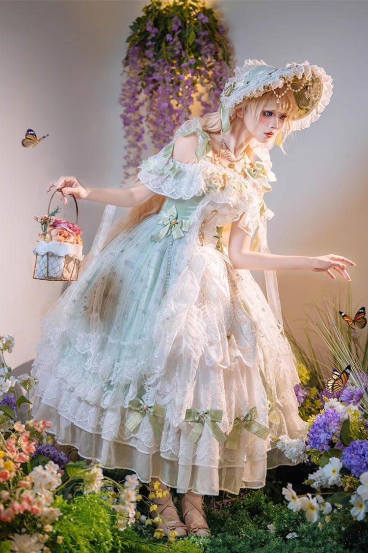 Glazed Phantom Off Shoulder Ruffle Hanayome Bow Lace Elegant Lolita Dress in Green