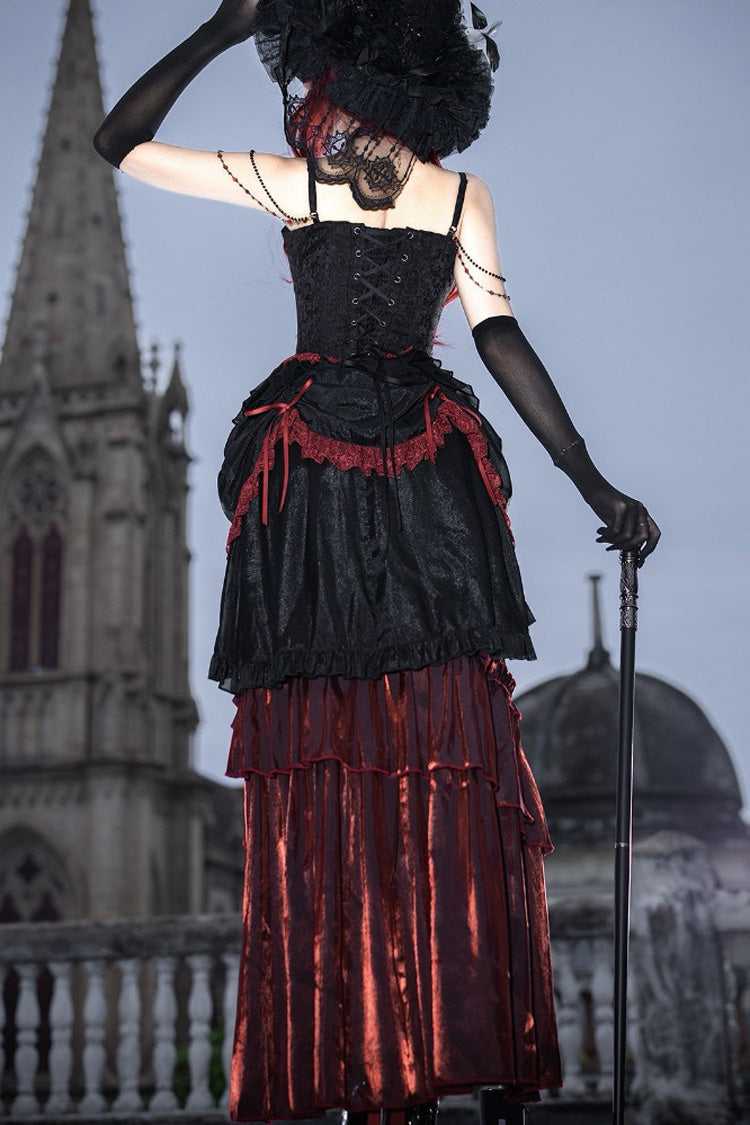 Black/Red Embroidered Lace-Up Gothic Skirt Set with Ruffles