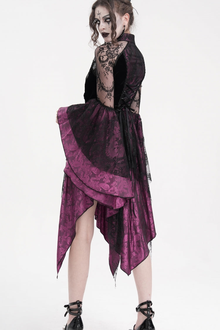 Black Purple Long Sleeves Embroidery Lace Up Irregular Mesh Gothic Dress