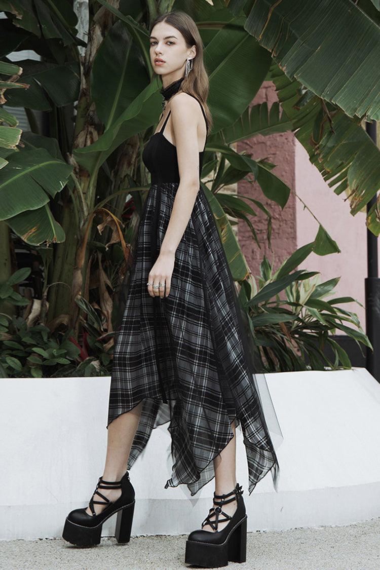 Metal Eyelets Shoulder Strap Irregular Hem Plaid Long Chiffon Punk Slip Dress