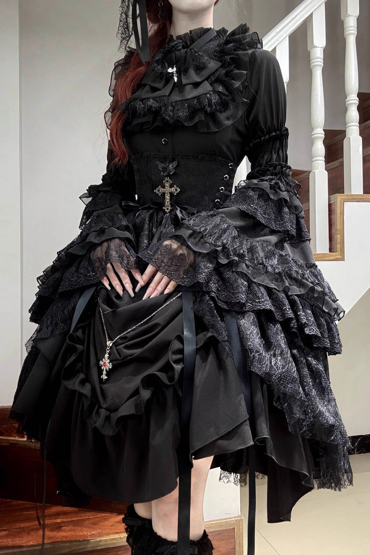 Black Eternal Taboo Long Hime Sleeves Ruffled Bow Gothic Skirt Dress Set