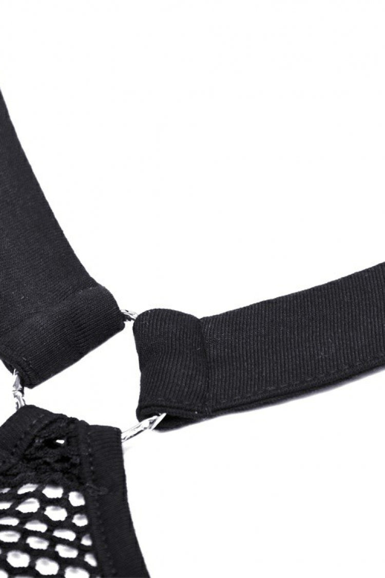 Trendy Black Eyelet Mesh Splice Long Sleeve Halter Punk Crop Top