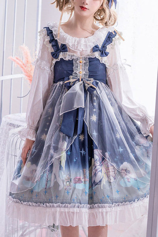 Blue Lace Chiffon Sweet Lolita Jsk Dress Little Prince Printed - Altfashion Shop