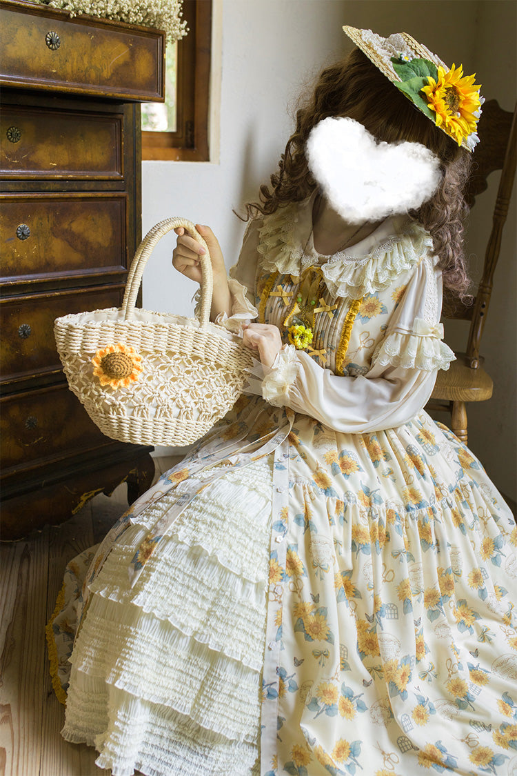 Apricot Sweet Elegant Lolita JSK Dress with Sleeveless Print Ruffles and Bowknot Accents
