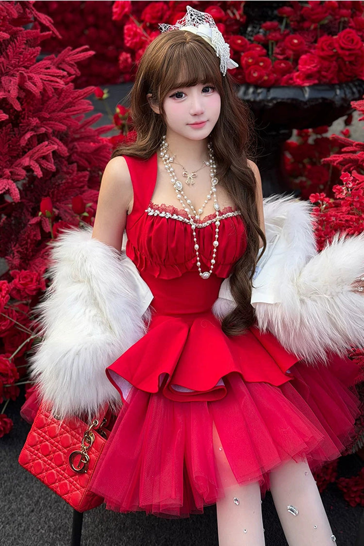 Square Collar Ballet Lolita Dress - Romantic Rose