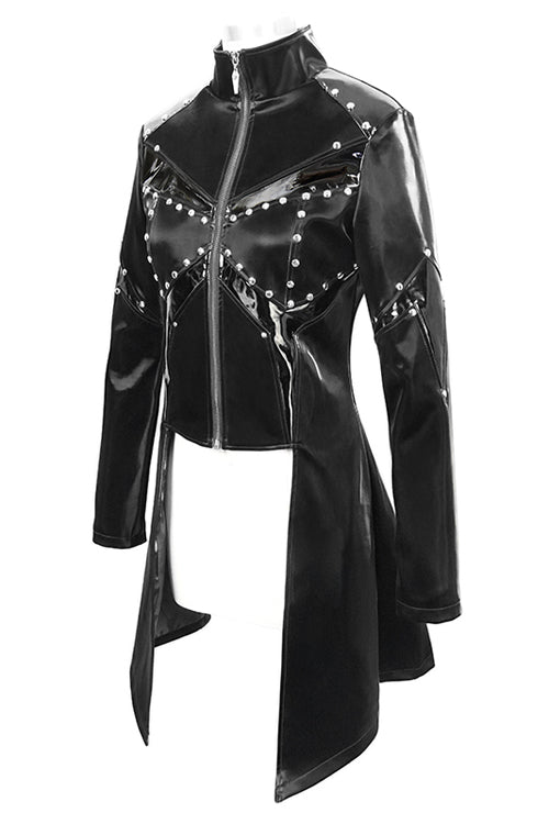 Long Leather Punk Coat with Zipper and Rivet Shine