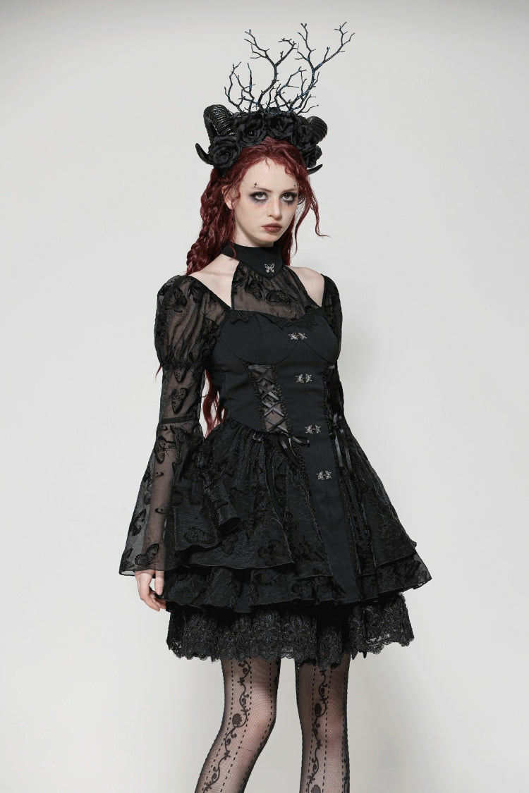 Majestic Black Multi-Layered Lace Trumpet Puff Sleeve Halter Gothic Lolita Graduation Gown