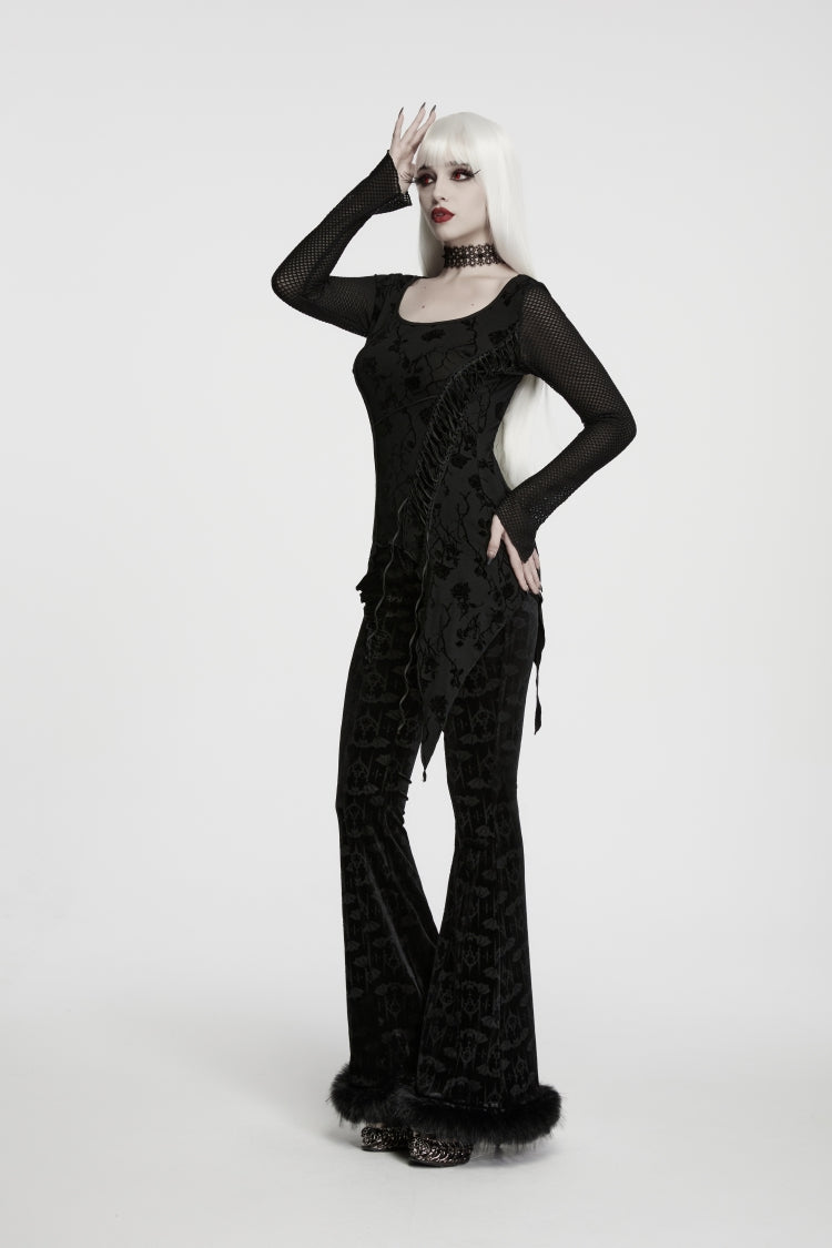Charcoal Crewneck Long-Sleeve Jacquard Lace-Up Asymmetric Elegant Gothic Top for Women
