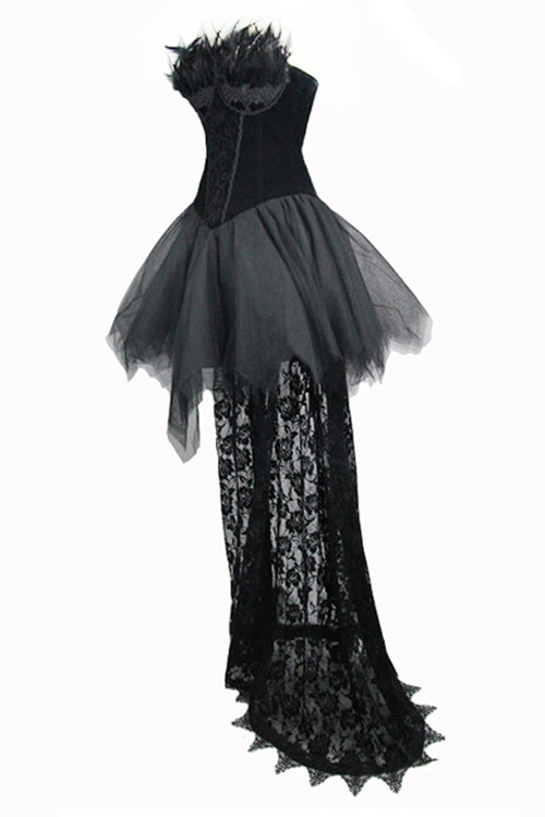 Gothic Wedding Gown with Feathers, Strapless Velveteen, Rose Lace Train