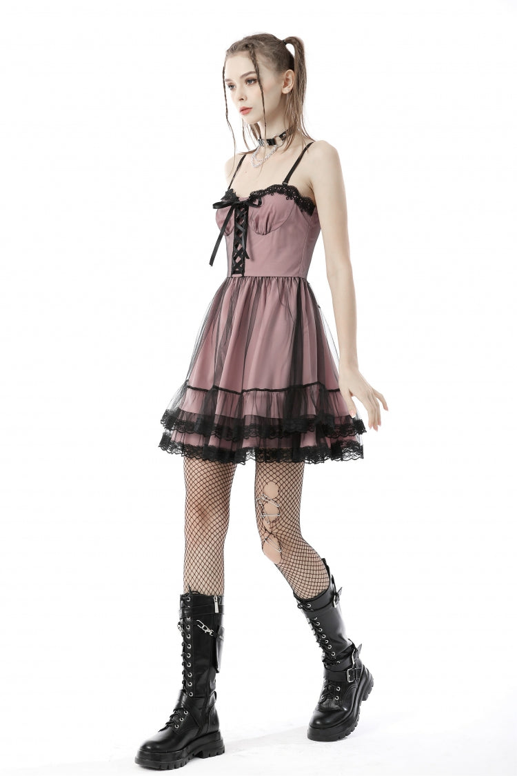 Sleeveless Multi-Layered Lace Lolita Slip Graduation Dress - Pink