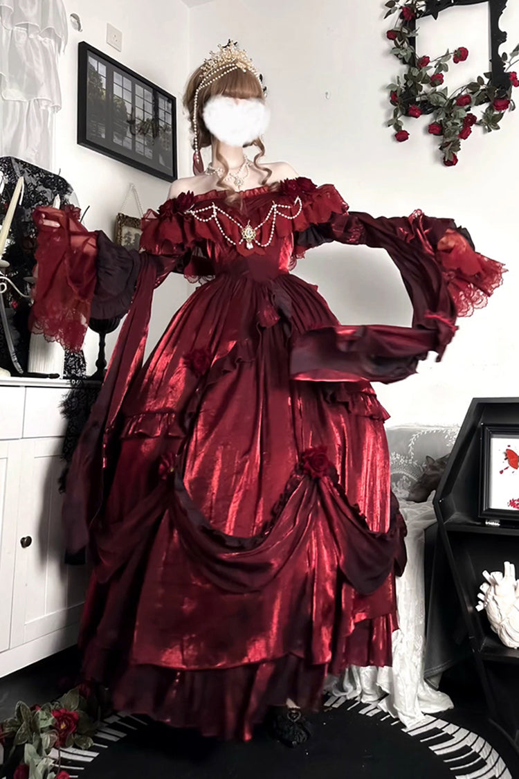 Red Rose-Printed Gothic Strapless Dress with Long Sleeves