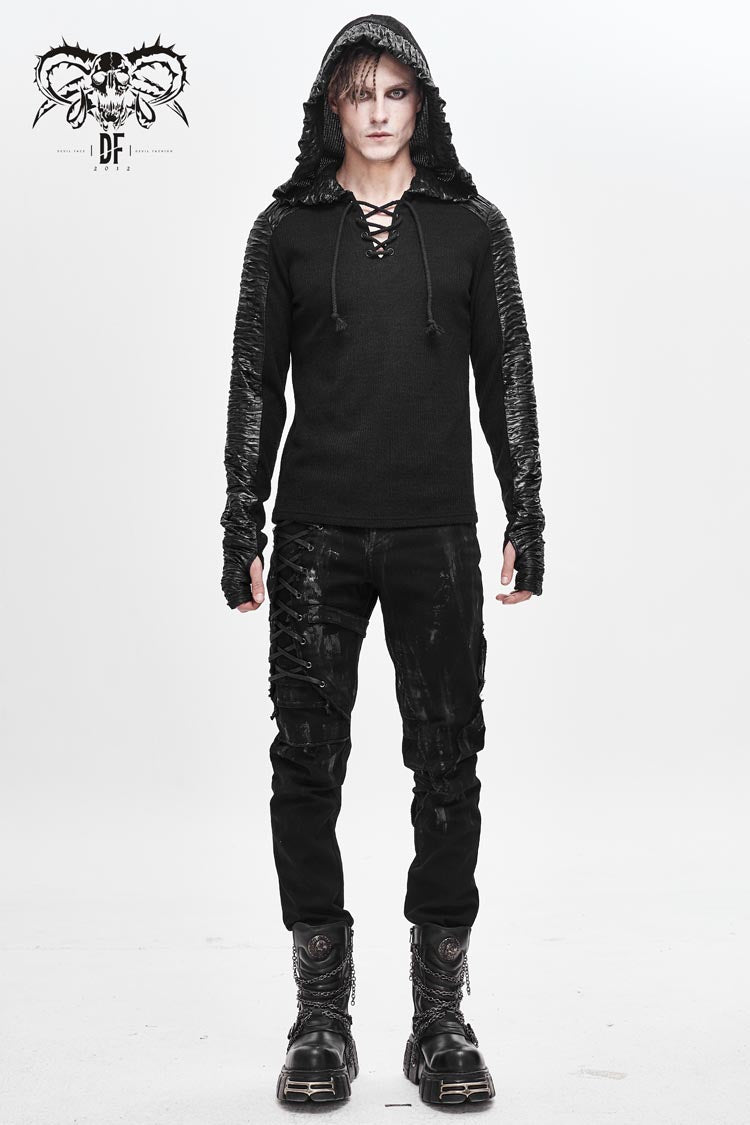 Men's Punk T-Shirt with Striped Wool Hood Lace-Up Crimped Fabric