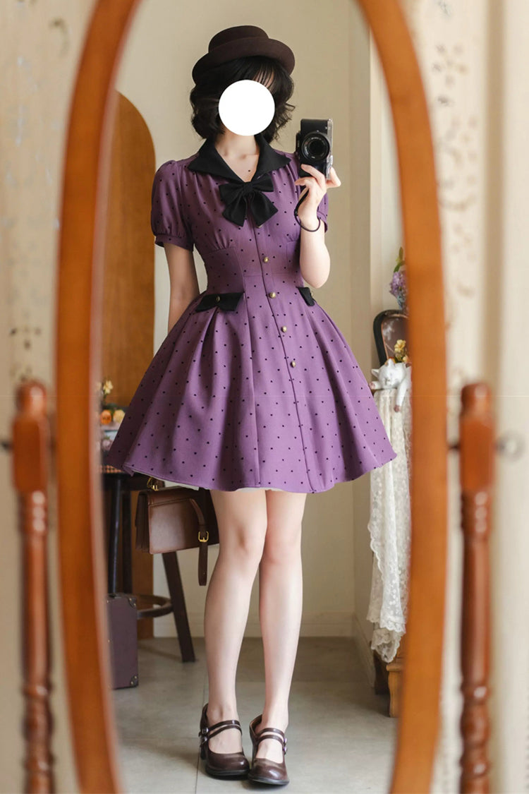 Forest Boulotty Violet Lapel Collar Heart Polka Dot Bow Short Sleeve Lolita Dress - Forest Boulotty
