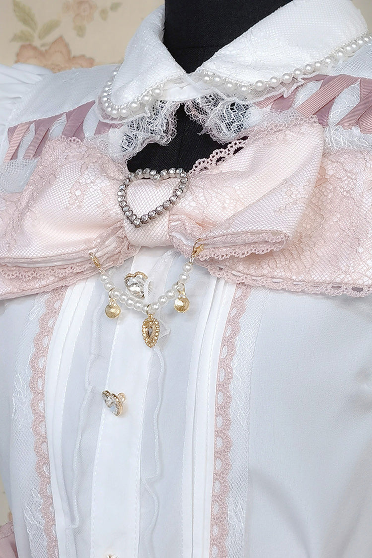 Blush & White Lapel Collar Short-Sleeve Double Ruffled Bow Sweet Jirai Kei Set