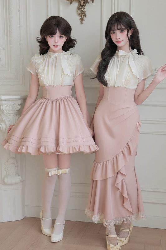Blush & White Round Collar Short-Sleeve Ruffled Bow Lace Color-Blocked Boned Sweet Lolita Dress