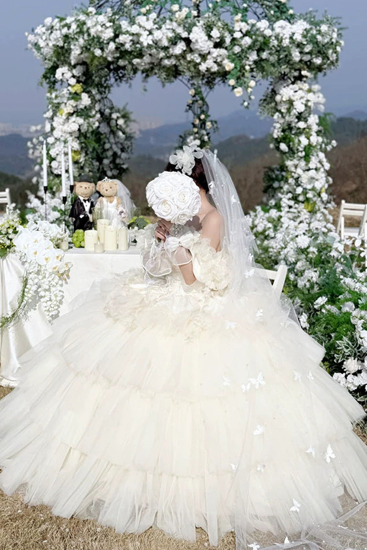 Apricot Sweet Lolita JSK Long Dress with Triple-Layer Ruffled Hanayome Bow Lace-Up and Sleeveless Design