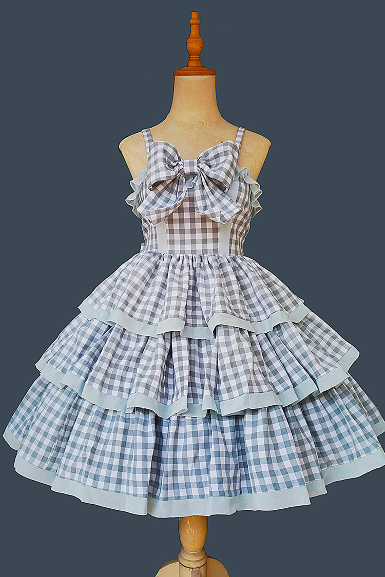 Blue Triple-Layered Plaid Ruffle Bow Sweet Lolita Dress