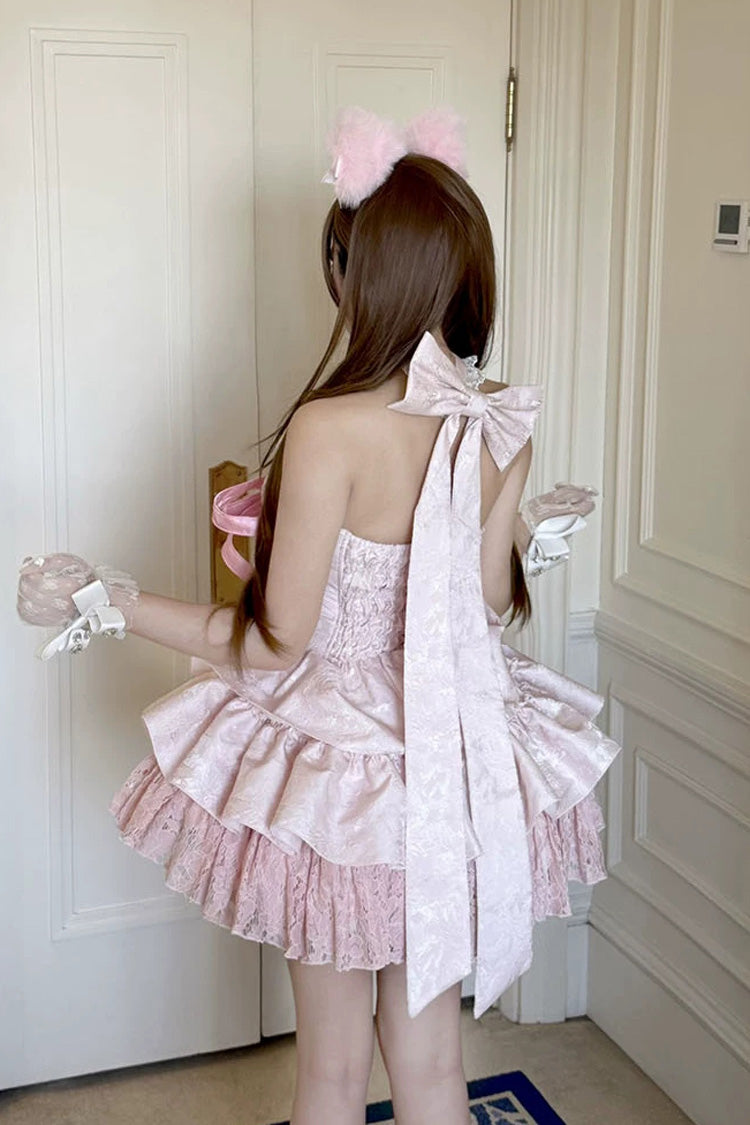 Princess Ballet Sweet Lolita JSK Dress with Ruffled Bow and Lace-Up - Pink