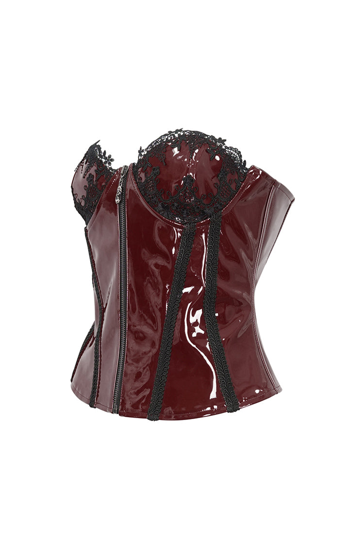 Crimson Lace Splice Patent Leather Punk Overbust Corset