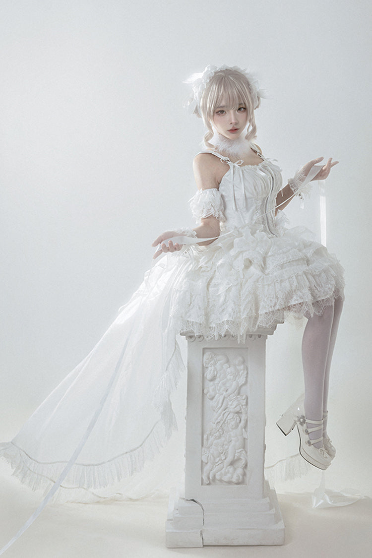 Ivory Sleeveless Layered Bowknot Lace Skirt Set - Rose Memoirs