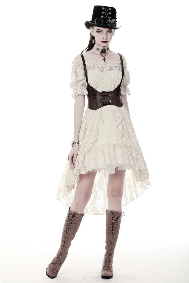 Beige Ruched Off-Shoulder Short Sleeve Steampunk Vintage Gown