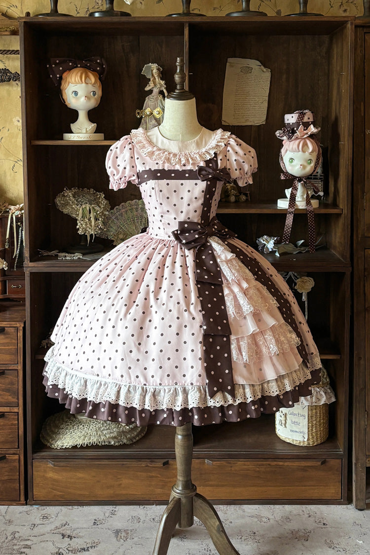 Canelé Gift Box Round Collar Short Sleeves Double-Layered Printed Polka Dot Ruffled Open-Front Bow Asymmetric Sweet Lolita Dress - Pink