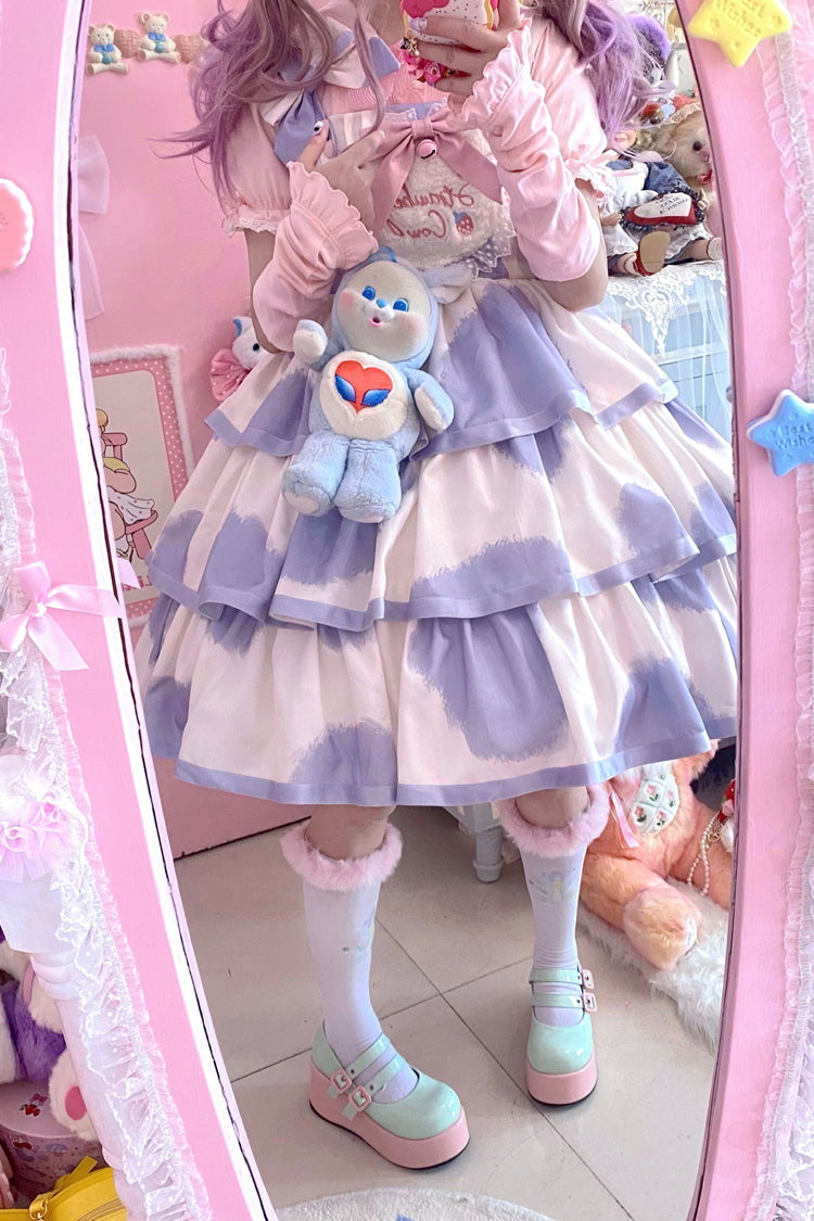 Azure Cow-Print Bowknot Sweet JSK with Triple Ruffles