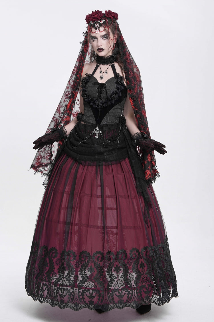 Elegant Black Rose Heart Lace Embroidered Sleeveless Halter Gothic Shirt