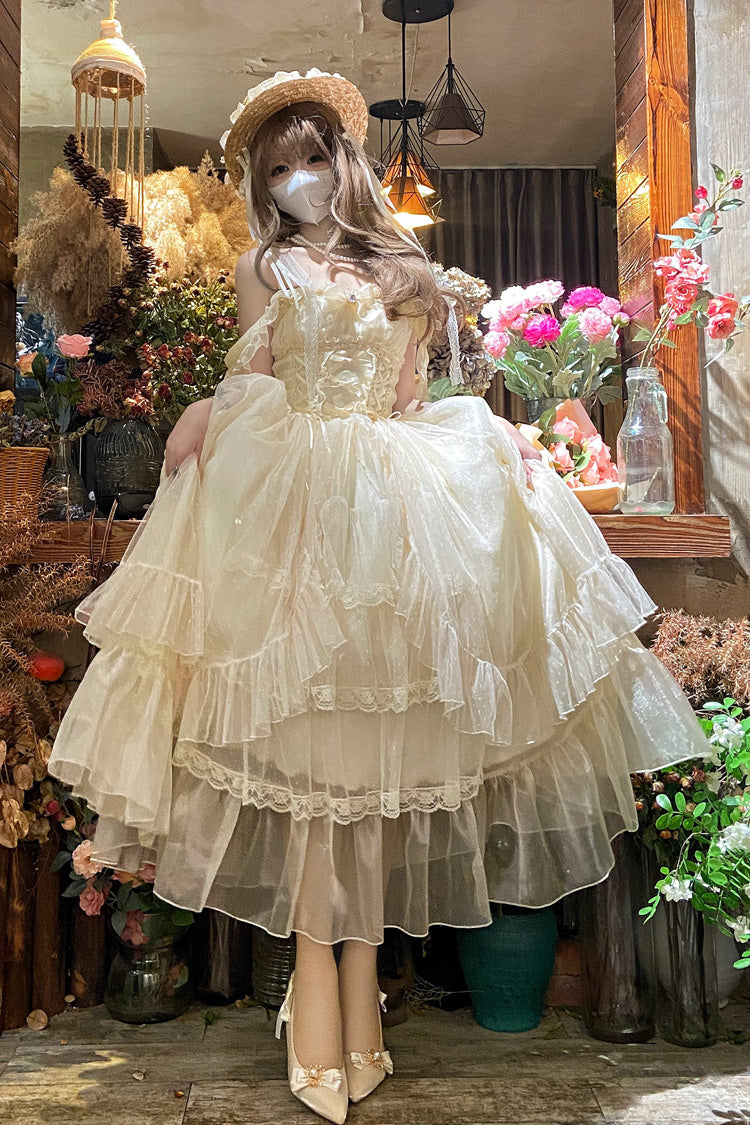 Apricot Sweet Vintage Lolita JSK Dress with Ruffle Cardigan Bowknot Lace and Elegant Style