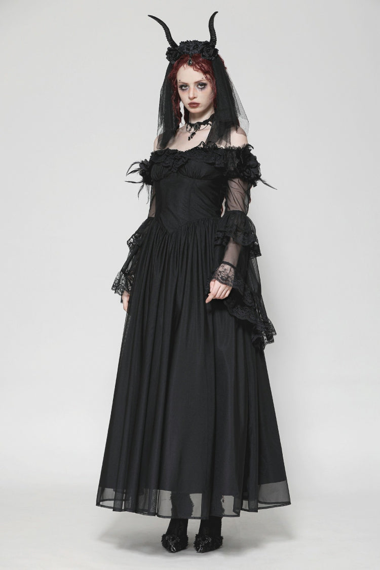 Elegant Gothic Off-Shoulder Tulle Gown with Lace Trim and Flared Sleeves