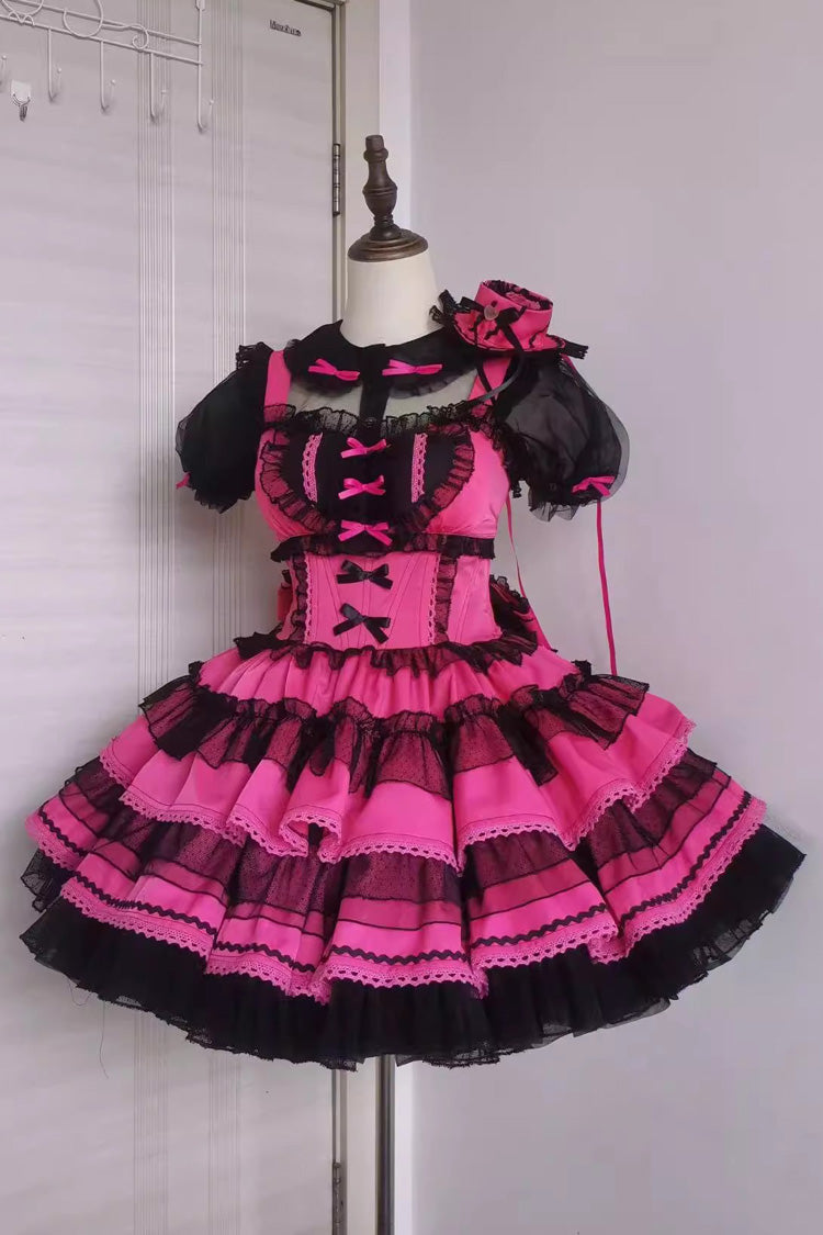 Sweet Lolita Dress - Pink Rose Print, Multi-Layer Bow