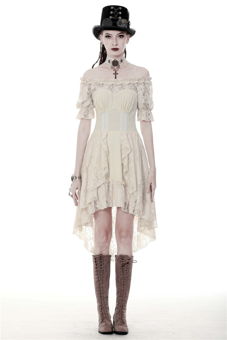 Beige Ruched Off-Shoulder Short Sleeve Steampunk Vintage Gown