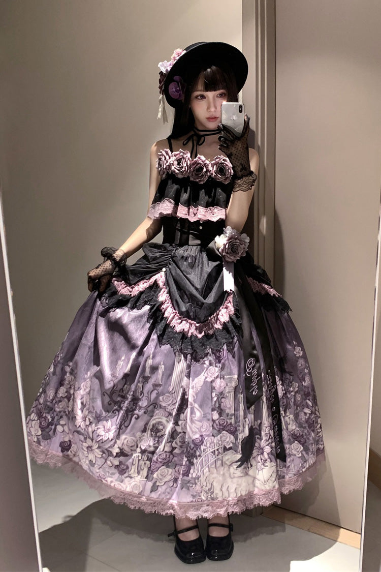 Angel Garden Black Purple Sleeveless Print Ruffle Bowknot Lace Sweet Gothic Skirt Set