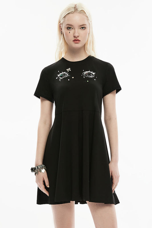 Punk Dress with 3D Eye Print and Lace Details