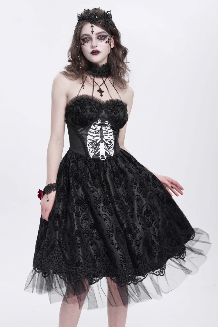 Unique Black Skeleton Print Embroidered Lace Stitching Halter Gothic Gown